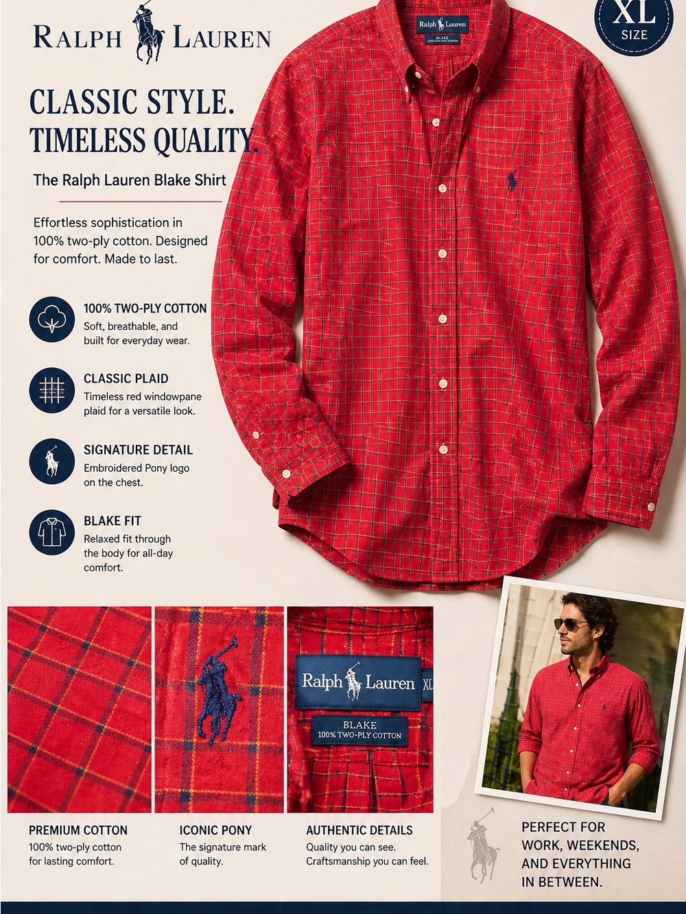 Ralph Lauren Blake Red Plaid Button Down Shirt XL Classic Fit